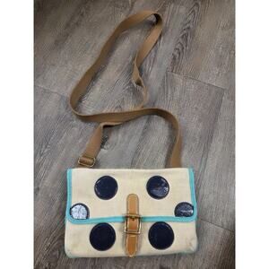 Fossil Beige Canvas Blue Navy Polka Dot Flap Crossbody Shoulder Bag Purse